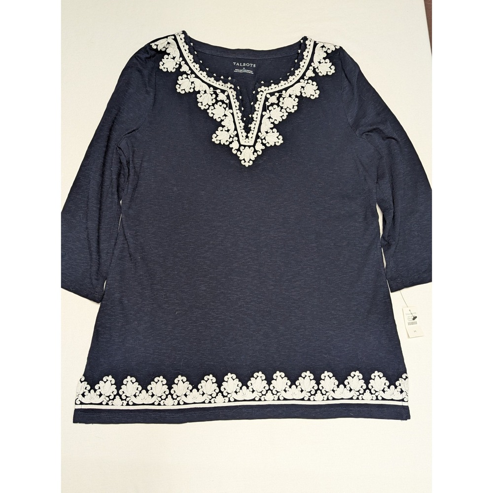 Talbots‎ Navy Blue White Embroidered Slub Cotton Tunic Top 3/4 Sleeve Med NEW